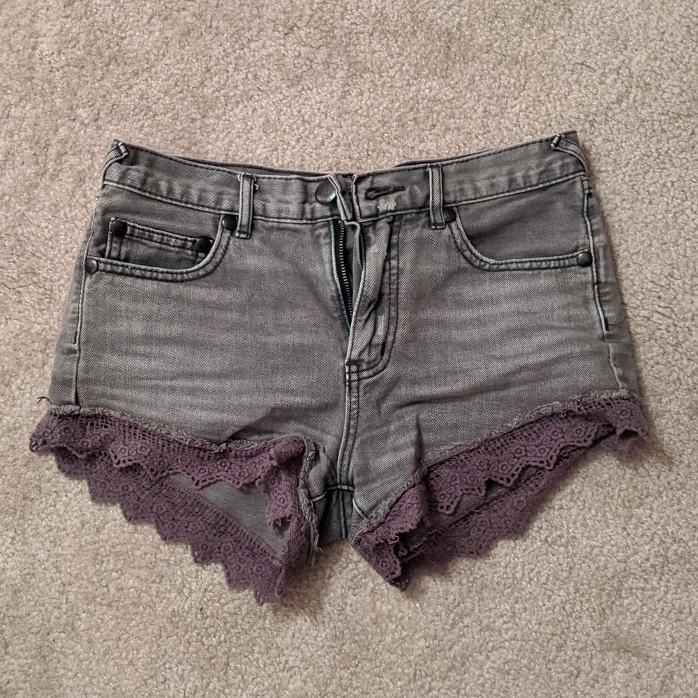 Free People olive lace trim high rise denim shorts